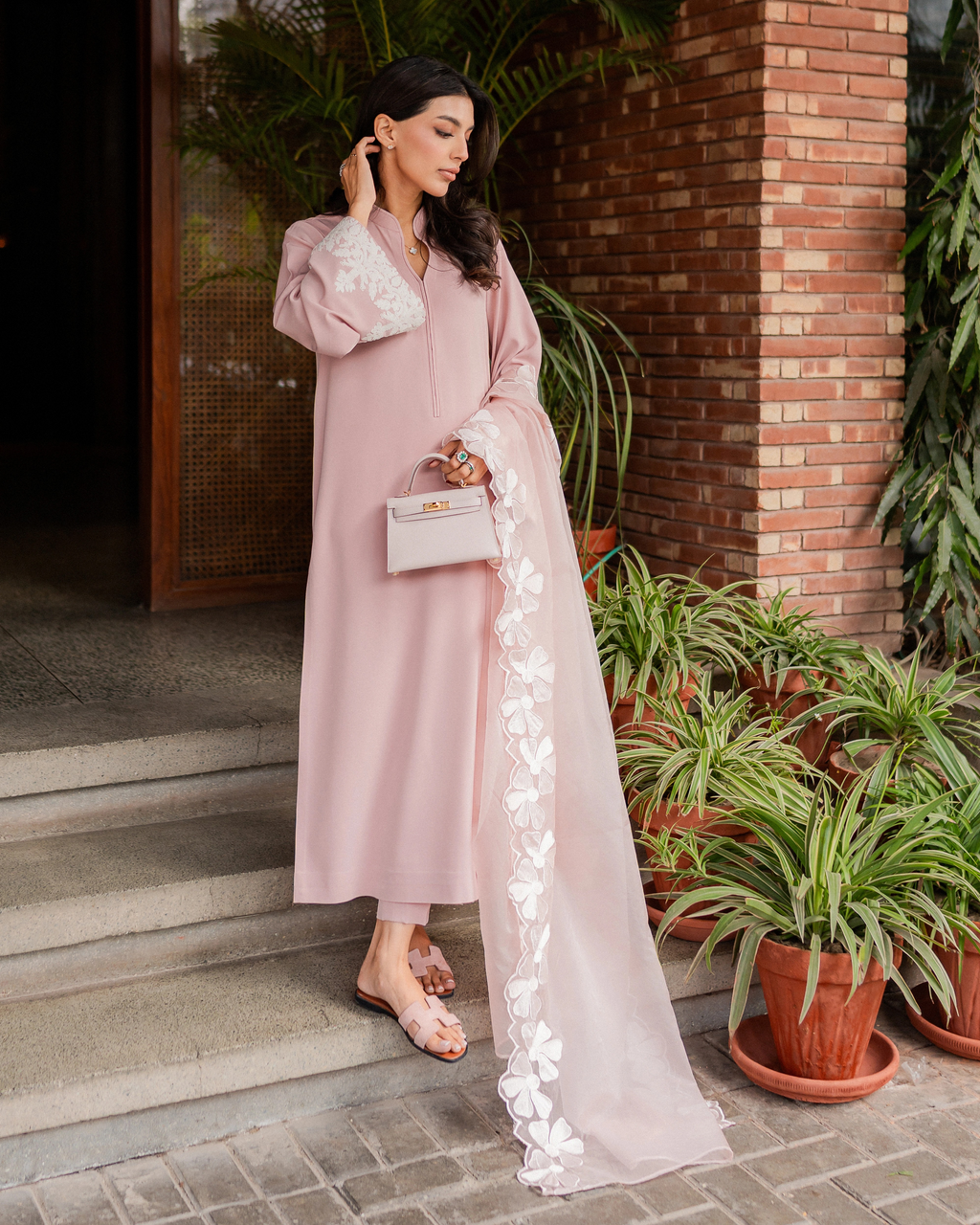 Rose Pink Embroidered 3-Piece Organza Suit